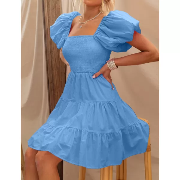 imageZESICA Womens 2023 Boho Summer Square Neck Puff Sleeve Off Shoulder Smocked Tiered Casual A Line Short Mini DressBlue
