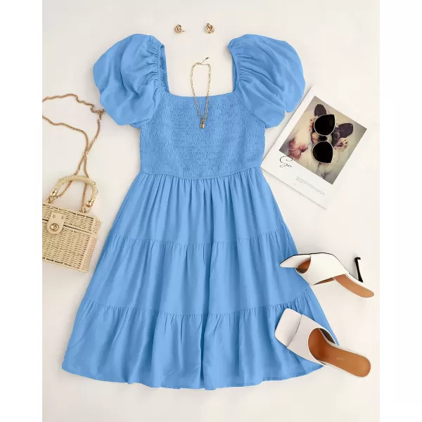 imageZESICA Womens 2023 Boho Summer Square Neck Puff Sleeve Off Shoulder Smocked Tiered Casual A Line Short Mini DressBlue