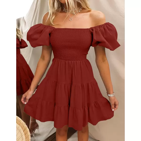 imageZESICA Womens 2023 Boho Summer Square Neck Puff Sleeve Off Shoulder Smocked Tiered Casual A Line Short Mini DressBrickred
