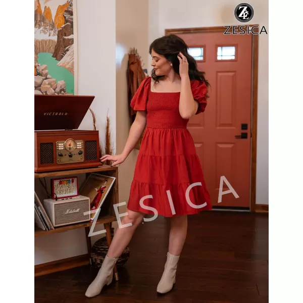 imageZESICA Womens 2023 Boho Summer Square Neck Puff Sleeve Off Shoulder Smocked Tiered Casual A Line Short Mini DressBrickred