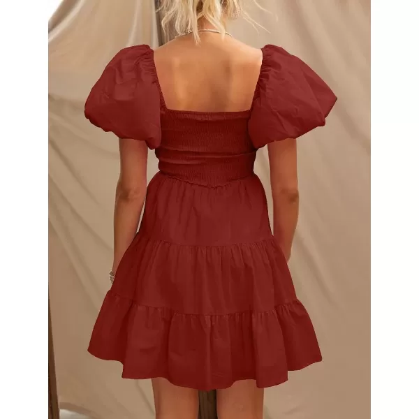 imageZESICA Womens 2023 Boho Summer Square Neck Puff Sleeve Off Shoulder Smocked Tiered Casual A Line Short Mini DressBrickred