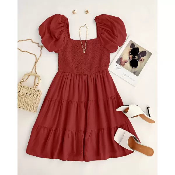 imageZESICA Womens 2023 Boho Summer Square Neck Puff Sleeve Off Shoulder Smocked Tiered Casual A Line Short Mini DressBrickred