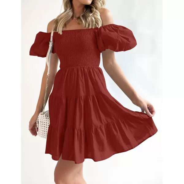imageZESICA Womens 2023 Boho Summer Square Neck Puff Sleeve Off Shoulder Smocked Tiered Casual A Line Short Mini DressBrickred