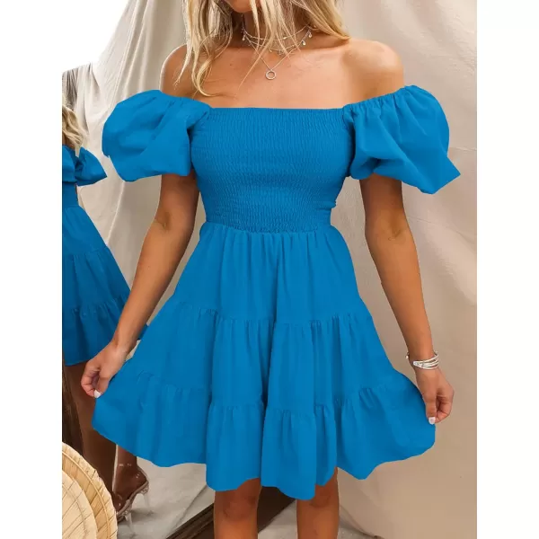 imageZESICA Womens 2023 Boho Summer Square Neck Puff Sleeve Off Shoulder Smocked Tiered Casual A Line Short Mini DressCobaltblue