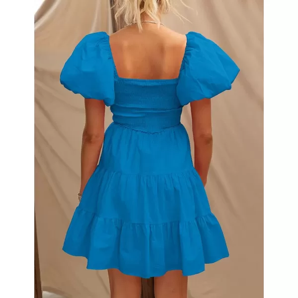 imageZESICA Womens 2023 Boho Summer Square Neck Puff Sleeve Off Shoulder Smocked Tiered Casual A Line Short Mini DressCobaltblue