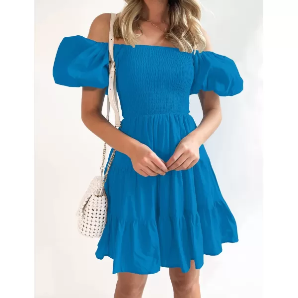 imageZESICA Womens 2023 Boho Summer Square Neck Puff Sleeve Off Shoulder Smocked Tiered Casual A Line Short Mini DressCobaltblue