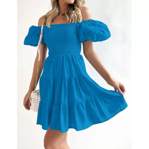 imageZESICA Womens 2023 Boho Summer Square Neck Puff Sleeve Off Shoulder Smocked Tiered Casual A Line Short Mini DressCobaltblue