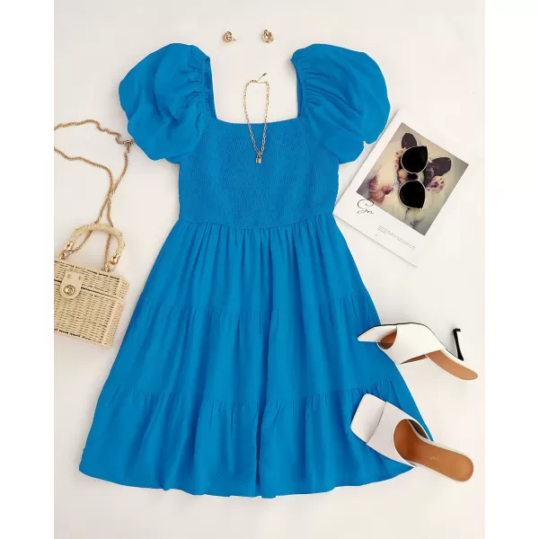 imageZESICA Womens 2023 Boho Summer Square Neck Puff Sleeve Off Shoulder Smocked Tiered Casual A Line Short Mini DressCobaltblue