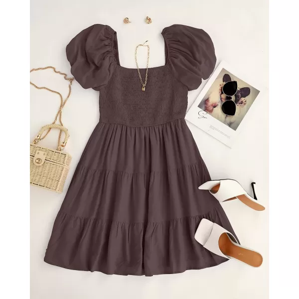 imageZESICA Womens 2023 Boho Summer Square Neck Puff Sleeve Off Shoulder Smocked Tiered Casual A Line Short Mini DressCoffee