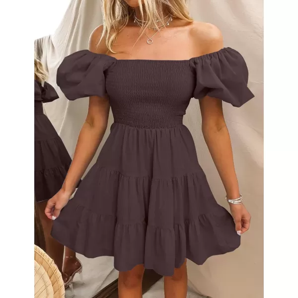 imageZESICA Womens 2023 Boho Summer Square Neck Puff Sleeve Off Shoulder Smocked Tiered Casual A Line Short Mini DressCoffee
