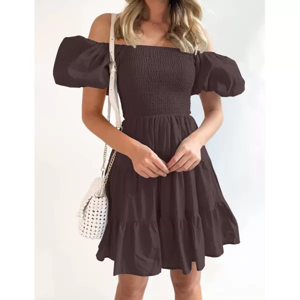 imageZESICA Womens 2023 Boho Summer Square Neck Puff Sleeve Off Shoulder Smocked Tiered Casual A Line Short Mini DressCoffee