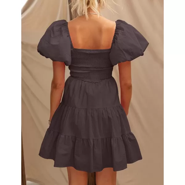 imageZESICA Womens 2023 Boho Summer Square Neck Puff Sleeve Off Shoulder Smocked Tiered Casual A Line Short Mini DressCoffee