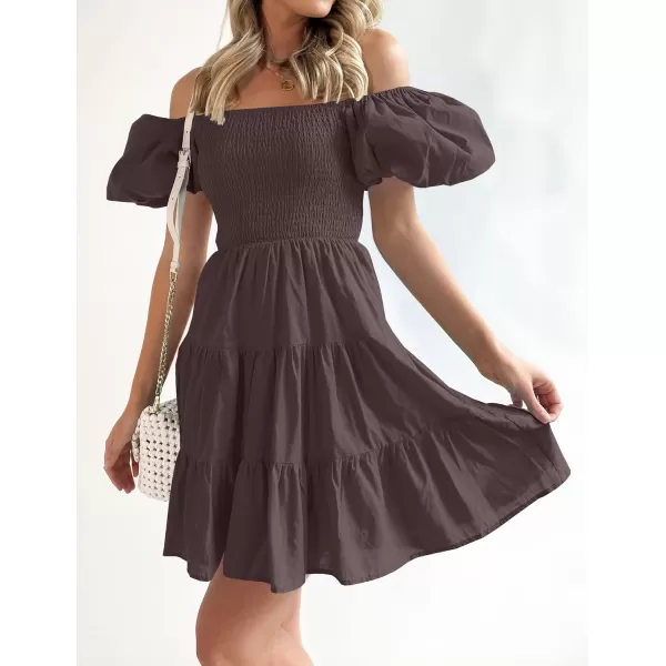 imageZESICA Womens 2023 Boho Summer Square Neck Puff Sleeve Off Shoulder Smocked Tiered Casual A Line Short Mini DressCoffee