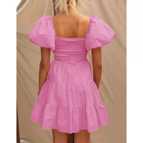 imageZESICA Womens 2023 Boho Summer Square Neck Puff Sleeve Off Shoulder Smocked Tiered Casual A Line Short Mini DressDustypink