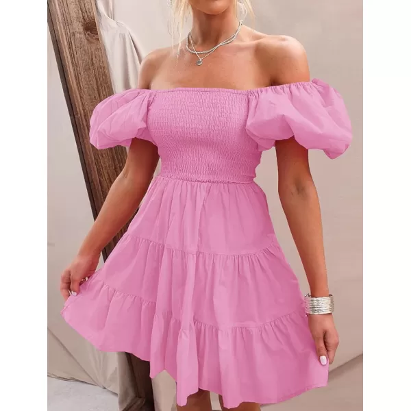 imageZESICA Womens 2023 Boho Summer Square Neck Puff Sleeve Off Shoulder Smocked Tiered Casual A Line Short Mini DressDustypink