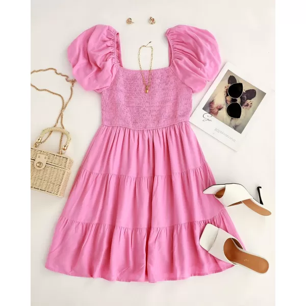 imageZESICA Womens 2023 Boho Summer Square Neck Puff Sleeve Off Shoulder Smocked Tiered Casual A Line Short Mini DressDustypink