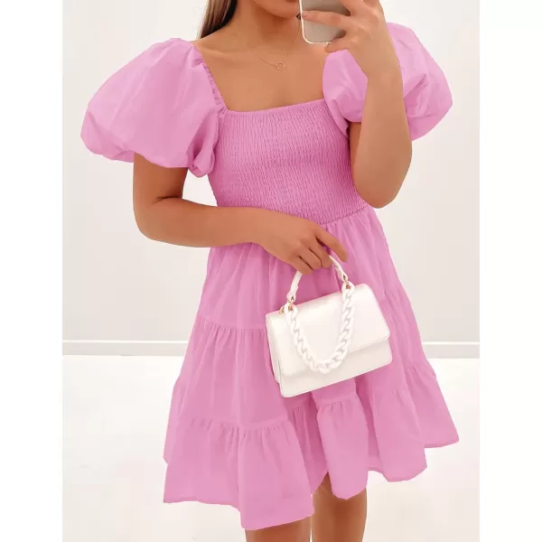 imageZESICA Womens 2023 Boho Summer Square Neck Puff Sleeve Off Shoulder Smocked Tiered Casual A Line Short Mini DressDustypink