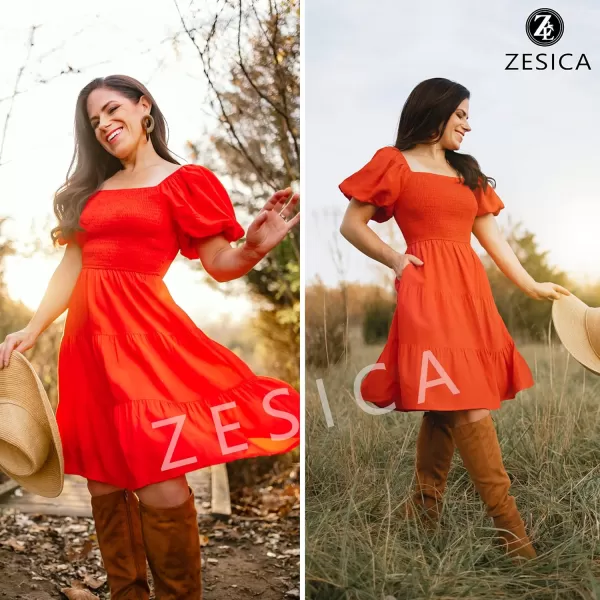 imageZESICA Womens 2023 Boho Summer Square Neck Puff Sleeve Off Shoulder Smocked Tiered Casual A Line Short Mini DressFirered