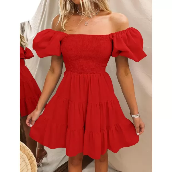 imageZESICA Womens 2023 Boho Summer Square Neck Puff Sleeve Off Shoulder Smocked Tiered Casual A Line Short Mini DressFirered