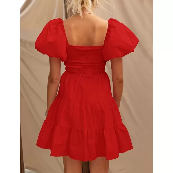 imageZESICA Womens 2023 Boho Summer Square Neck Puff Sleeve Off Shoulder Smocked Tiered Casual A Line Short Mini DressFirered