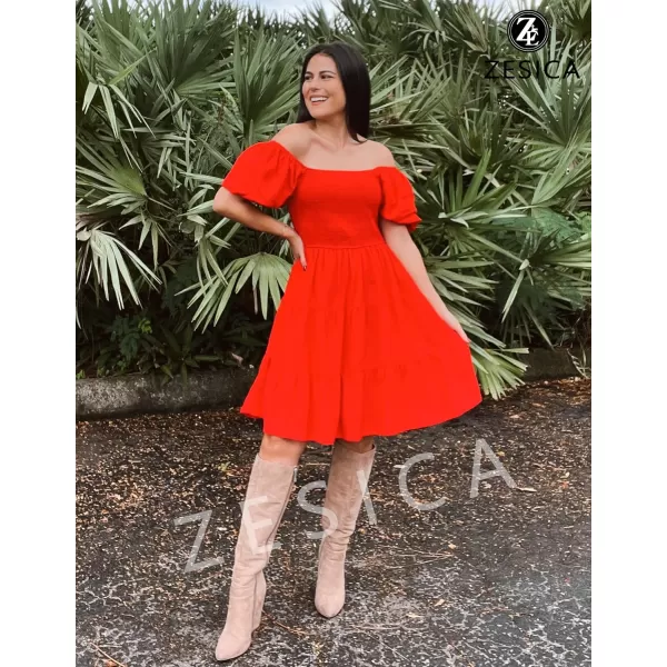 imageZESICA Womens 2023 Boho Summer Square Neck Puff Sleeve Off Shoulder Smocked Tiered Casual A Line Short Mini DressFirered