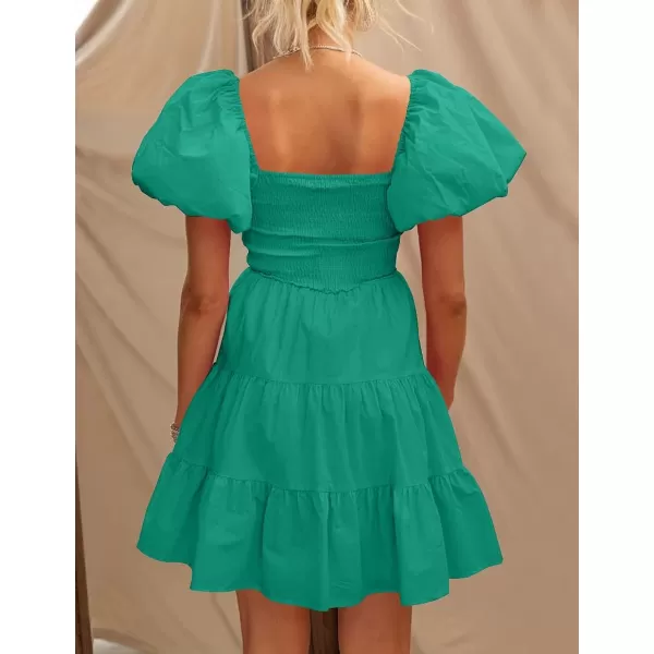imageZESICA Womens 2023 Boho Summer Square Neck Puff Sleeve Off Shoulder Smocked Tiered Casual A Line Short Mini DressGreen