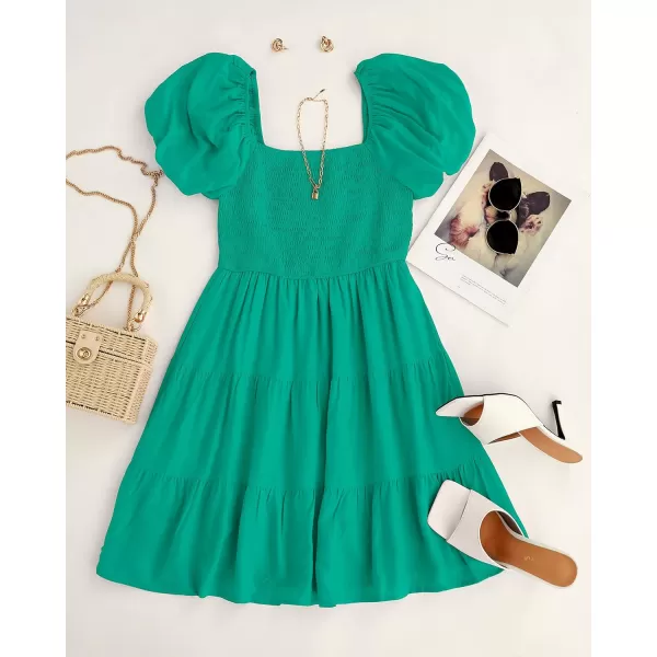 imageZESICA Womens 2023 Boho Summer Square Neck Puff Sleeve Off Shoulder Smocked Tiered Casual A Line Short Mini DressGreen