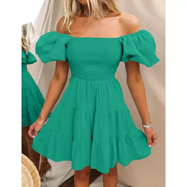 imageZESICA Womens 2023 Boho Summer Square Neck Puff Sleeve Off Shoulder Smocked Tiered Casual A Line Short Mini DressGreen