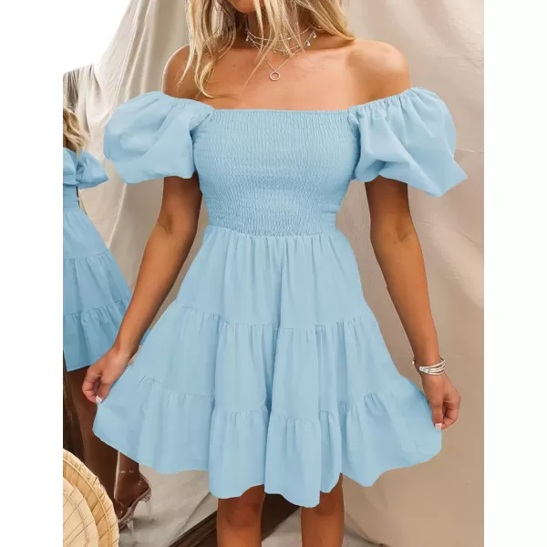 imageZESICA Womens 2023 Boho Summer Square Neck Puff Sleeve Off Shoulder Smocked Tiered Casual A Line Short Mini DressLightblue