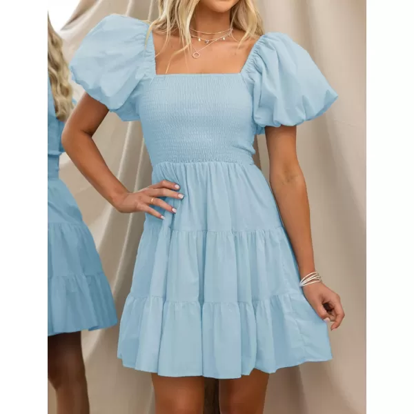 imageZESICA Womens 2023 Boho Summer Square Neck Puff Sleeve Off Shoulder Smocked Tiered Casual A Line Short Mini DressLightblue