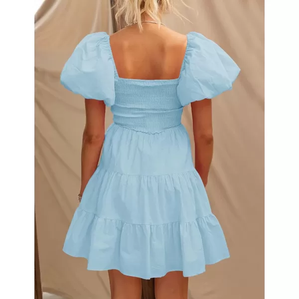 imageZESICA Womens 2023 Boho Summer Square Neck Puff Sleeve Off Shoulder Smocked Tiered Casual A Line Short Mini DressLightblue