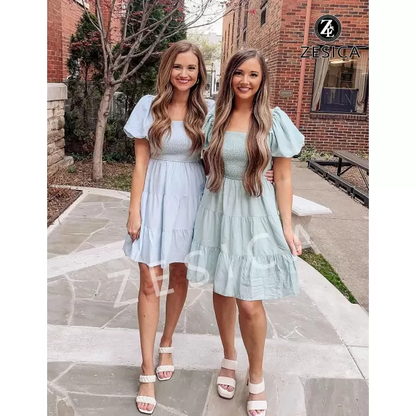 imageZESICA Womens 2023 Boho Summer Square Neck Puff Sleeve Off Shoulder Smocked Tiered Casual A Line Short Mini DressLightblue