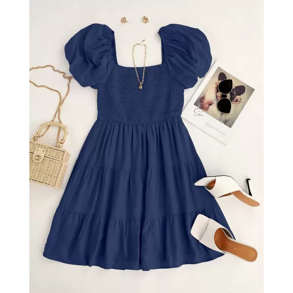 imageZESICA Womens 2023 Boho Summer Square Neck Puff Sleeve Off Shoulder Smocked Tiered Casual A Line Short Mini DressNavy