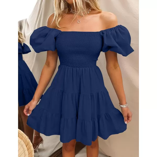 imageZESICA Womens 2023 Boho Summer Square Neck Puff Sleeve Off Shoulder Smocked Tiered Casual A Line Short Mini DressNavy