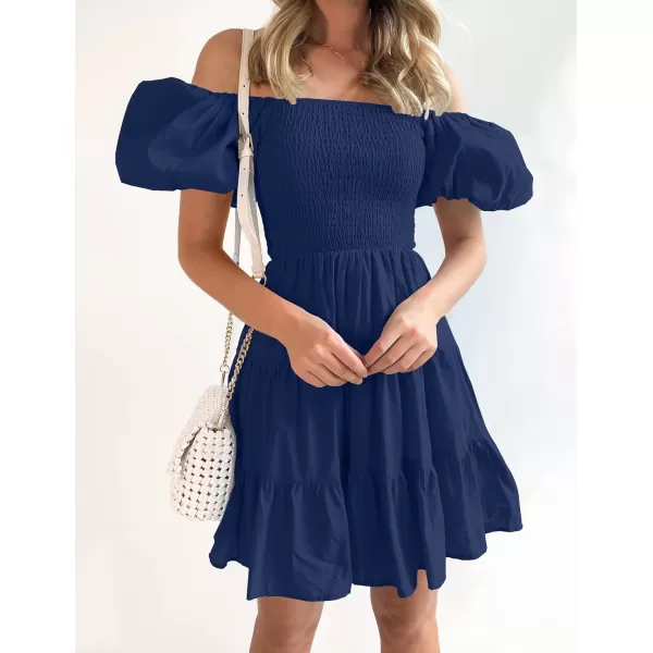 imageZESICA Womens 2023 Boho Summer Square Neck Puff Sleeve Off Shoulder Smocked Tiered Casual A Line Short Mini DressNavy