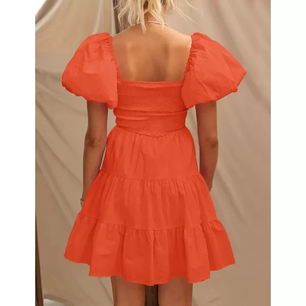 imageZESICA Womens 2023 Boho Summer Square Neck Puff Sleeve Off Shoulder Smocked Tiered Casual A Line Short Mini DressOrange