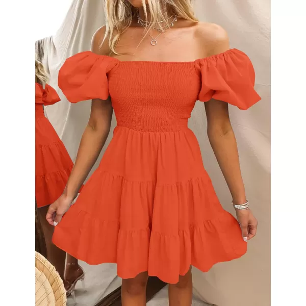 imageZESICA Womens 2023 Boho Summer Square Neck Puff Sleeve Off Shoulder Smocked Tiered Casual A Line Short Mini DressOrange