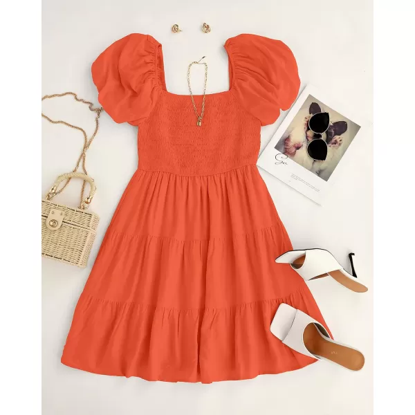 imageZESICA Womens 2023 Boho Summer Square Neck Puff Sleeve Off Shoulder Smocked Tiered Casual A Line Short Mini DressOrange