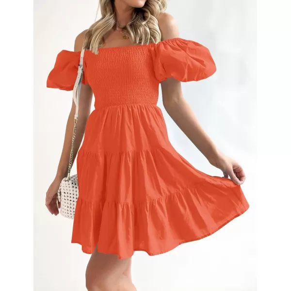 imageZESICA Womens 2023 Boho Summer Square Neck Puff Sleeve Off Shoulder Smocked Tiered Casual A Line Short Mini DressOrange
