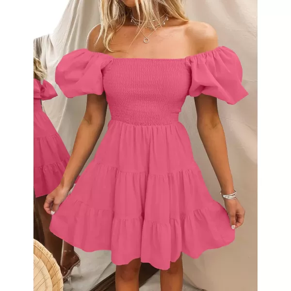 imageZESICA Womens 2023 Boho Summer Square Neck Puff Sleeve Off Shoulder Smocked Tiered Casual A Line Short Mini DressPink