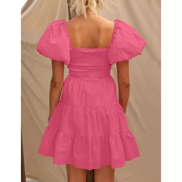 imageZESICA Womens 2023 Boho Summer Square Neck Puff Sleeve Off Shoulder Smocked Tiered Casual A Line Short Mini DressPink