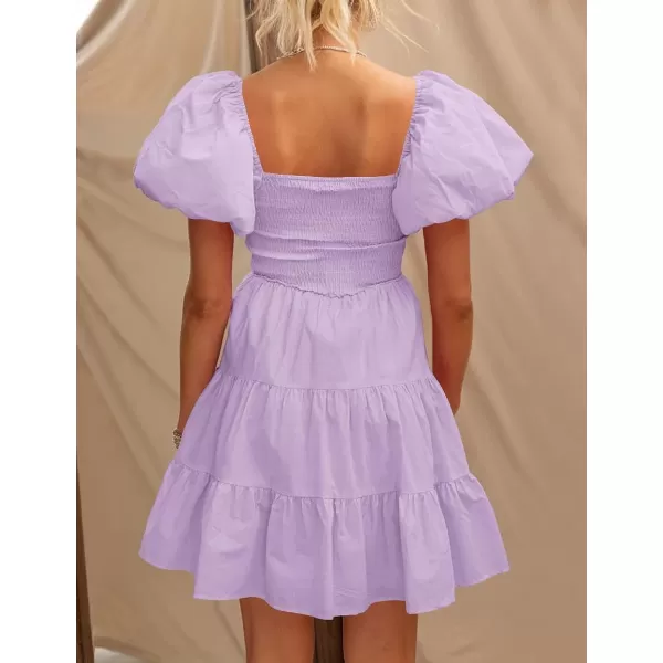 imageZESICA Womens 2023 Boho Summer Square Neck Puff Sleeve Off Shoulder Smocked Tiered Casual A Line Short Mini DressPurple