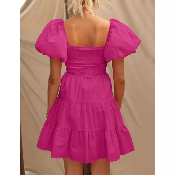 imageZESICA Womens 2023 Boho Summer Square Neck Puff Sleeve Off Shoulder Smocked Tiered Casual A Line Short Mini DressRose