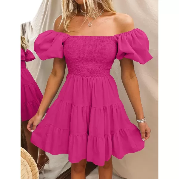 imageZESICA Womens 2023 Boho Summer Square Neck Puff Sleeve Off Shoulder Smocked Tiered Casual A Line Short Mini DressRose