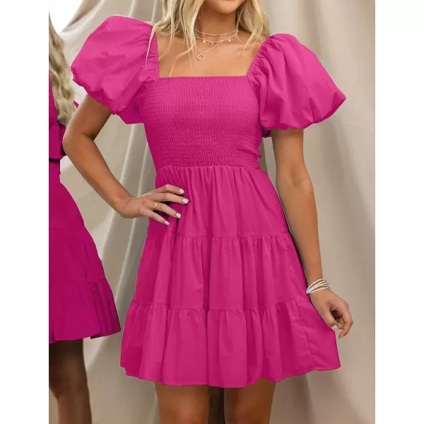 imageZESICA Womens 2023 Boho Summer Square Neck Puff Sleeve Off Shoulder Smocked Tiered Casual A Line Short Mini DressRose