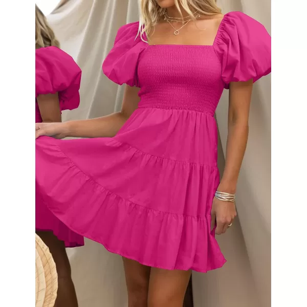 imageZESICA Womens 2023 Boho Summer Square Neck Puff Sleeve Off Shoulder Smocked Tiered Casual A Line Short Mini DressRose