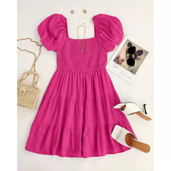 imageZESICA Womens 2023 Boho Summer Square Neck Puff Sleeve Off Shoulder Smocked Tiered Casual A Line Short Mini DressRose