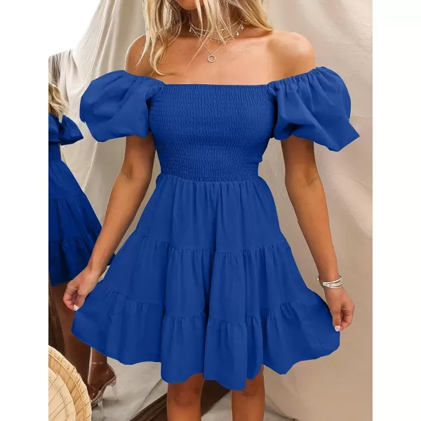 imageZESICA Womens 2023 Boho Summer Square Neck Puff Sleeve Off Shoulder Smocked Tiered Casual A Line Short Mini DressRoyalblue