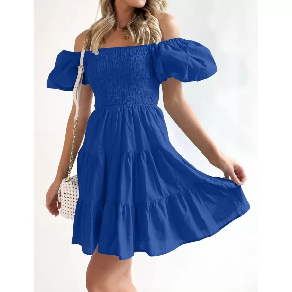 imageZESICA Womens 2023 Boho Summer Square Neck Puff Sleeve Off Shoulder Smocked Tiered Casual A Line Short Mini DressRoyalblue