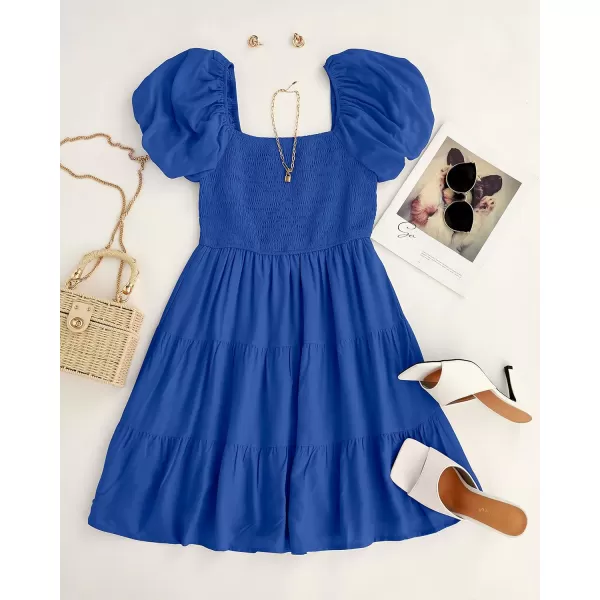 imageZESICA Womens 2023 Boho Summer Square Neck Puff Sleeve Off Shoulder Smocked Tiered Casual A Line Short Mini DressRoyalblue
